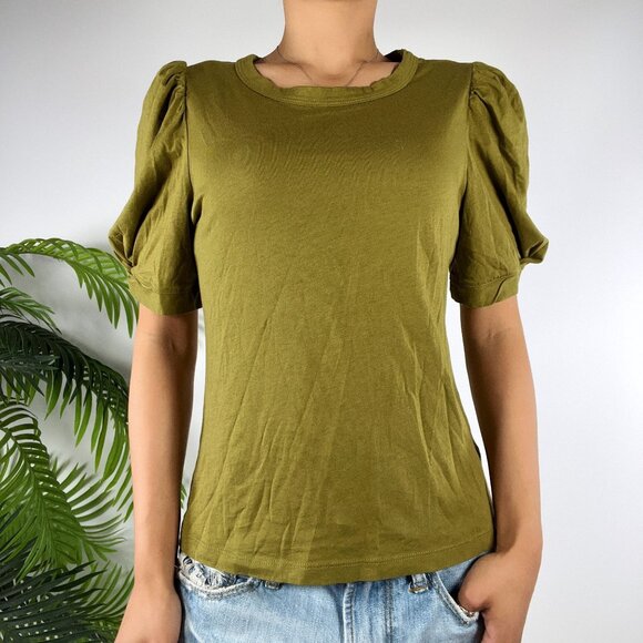 Womens A New Day Olive Green Boho Cottagecore Puff Sleeve Crew Neck Top / XS - Picture 3 of 6